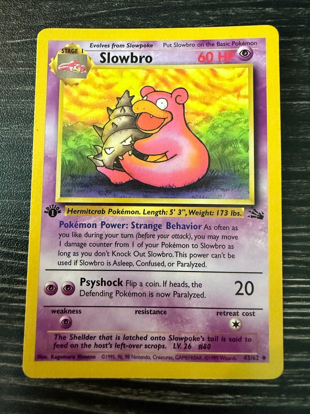 Vintage 1999 Pokémon 1st Edition Slowbro 43/62 Fossil Set Uncommon WOTC